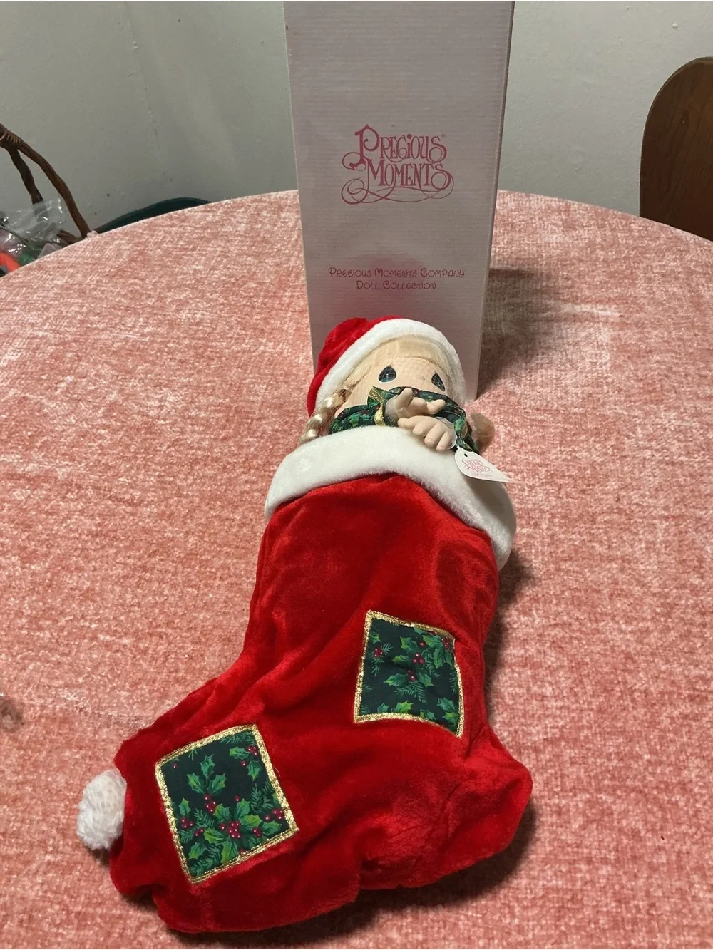 Precious Moments Red and White Christmas Stocking with Doll
